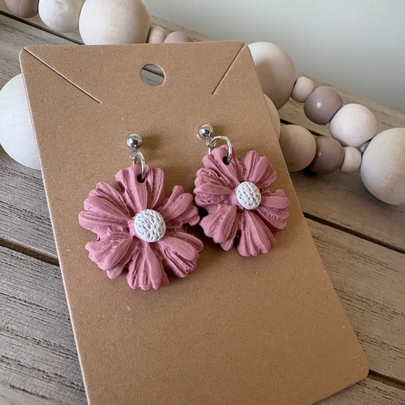 Handmade Pink Floral Statement Earrings with Textured Beads - Picture 3 of 7